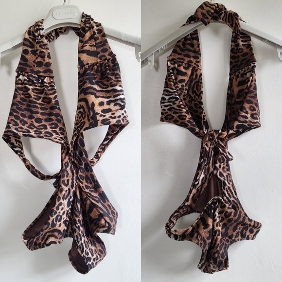 New Brasini Swimwear Halter Deep V-Neckline Animal Print Monokini Swimsuit Sz M - Picture 1 of 11